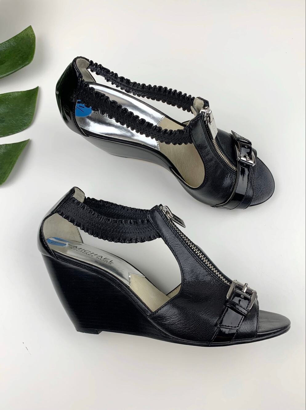 Michael Michael Kors Wedge Heel Sandals Black Leather Zip Front Women's 6.5M